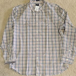 J. Crew Factory Blue and Tan Plaid Button-Down Shirt